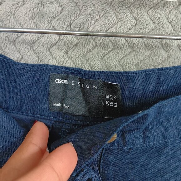 ASOS Women's Navy Blue High Waisted Shorts Pleated Cuffed Hems Size 6 Linen - Picture 5 of 7